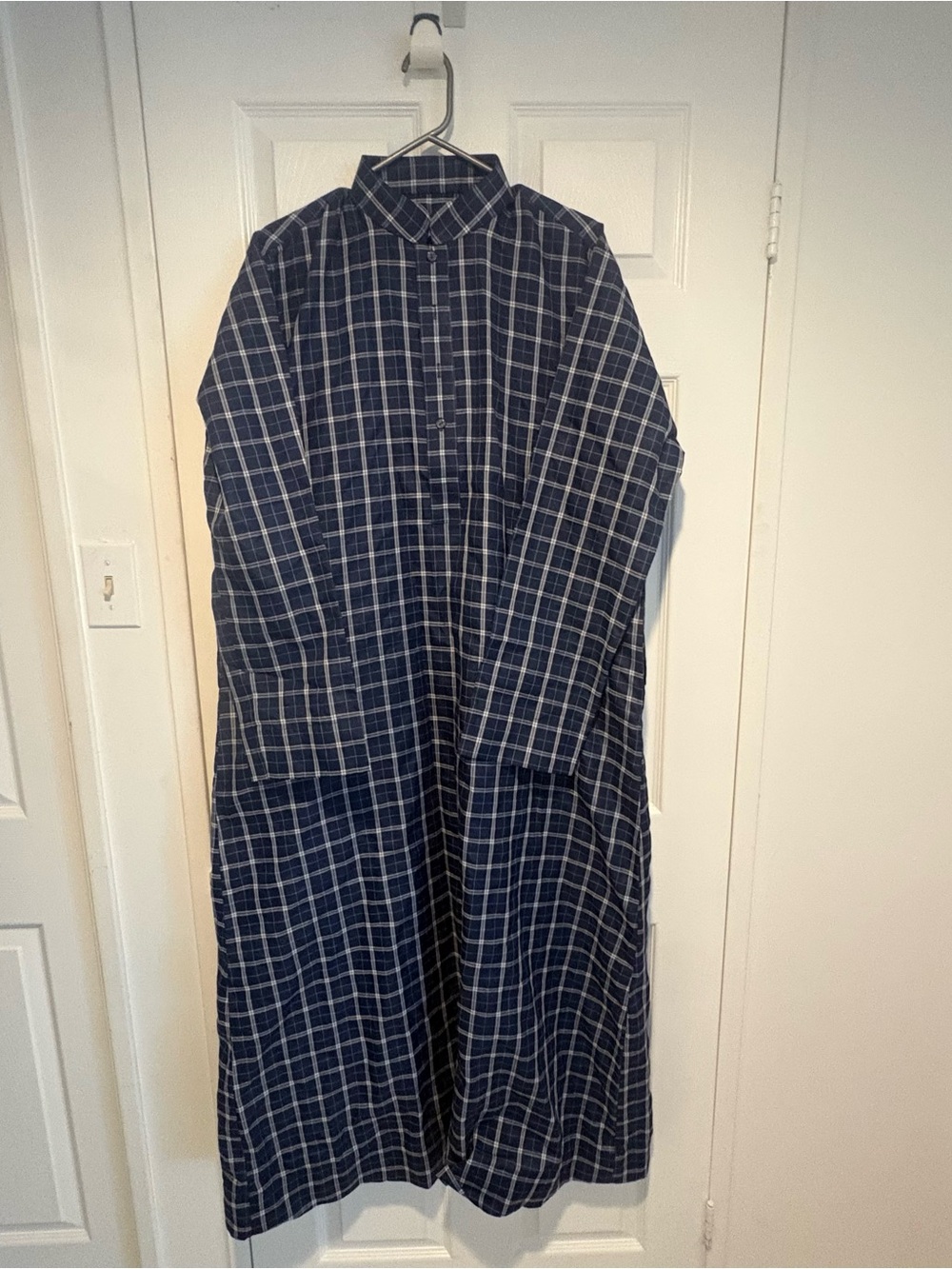 Navy Blue Plaid Long-Sleeve Men's Kurta Shirt